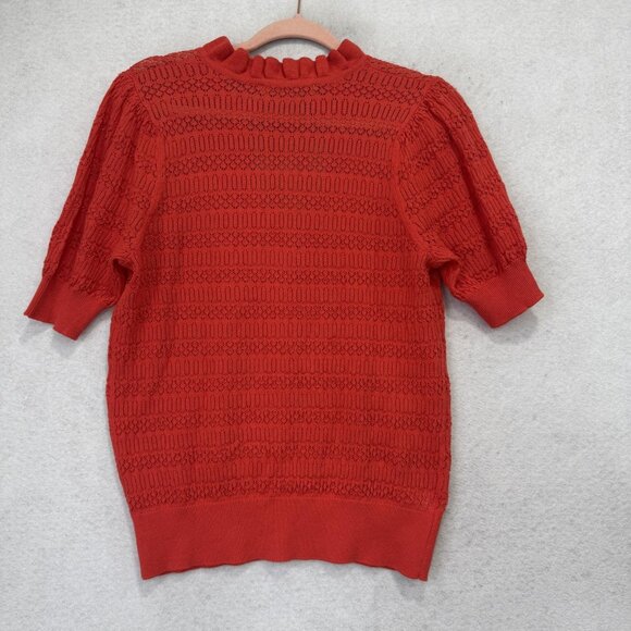 LOFT Sweater Womens Medium Red V Neck Ruffle Short Sleeve Open Knit Pullover - Picture 7 of 8